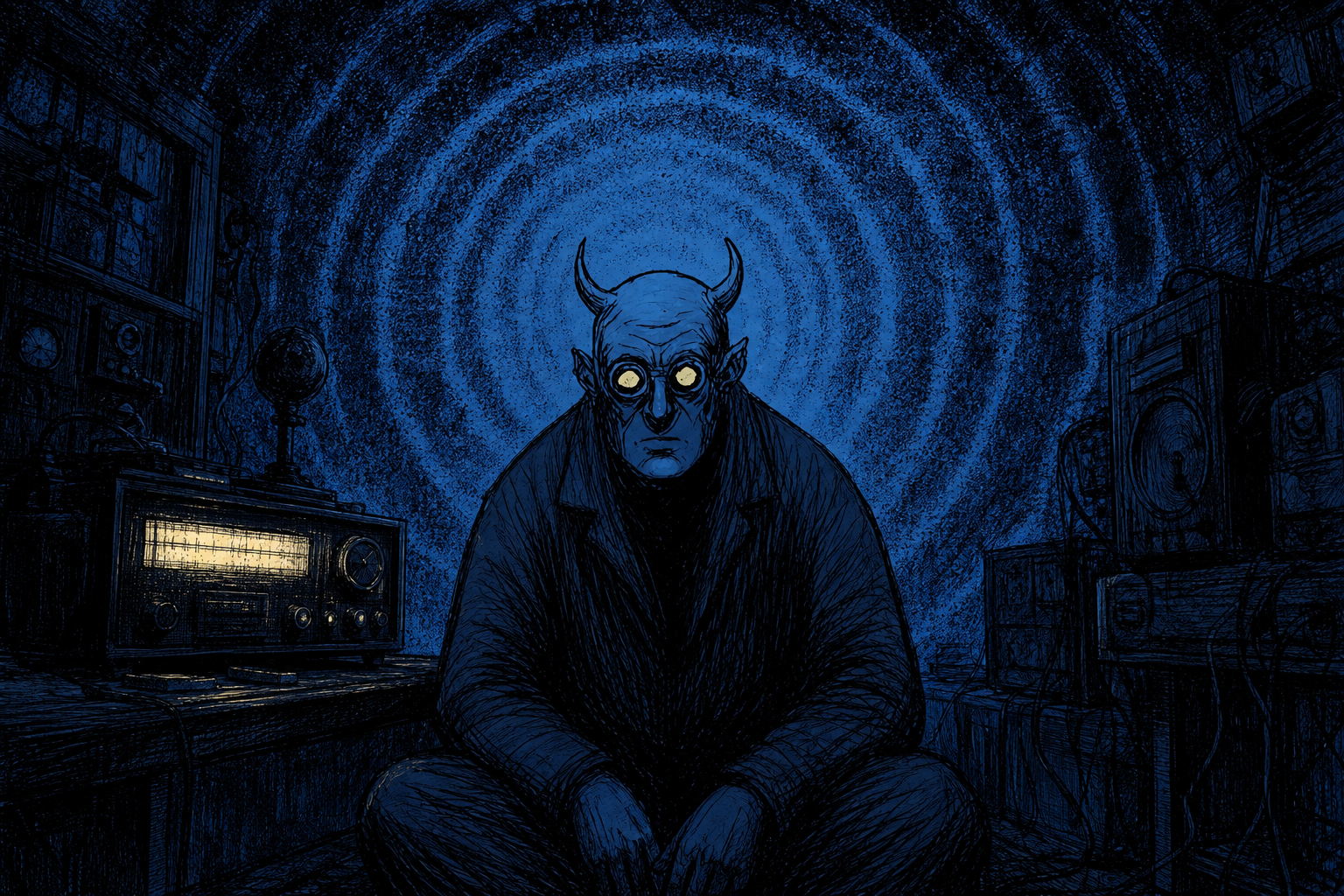 Nox hunched beside a radio in a room filled with cobalt static